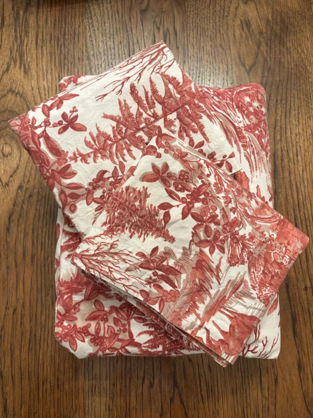 Pottery Barn Woodland Toile Full Queen Duvet Cover + 2 Shams Red Ivory Deer